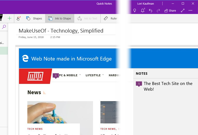 OneNote'ta Edge'den web notu