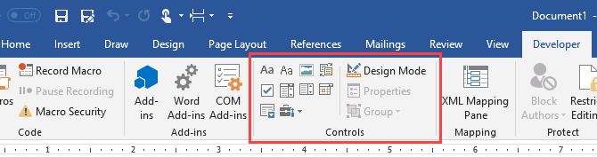 Microsoft Word'deki Geliştirici sekmesindeki Denetim bölümü