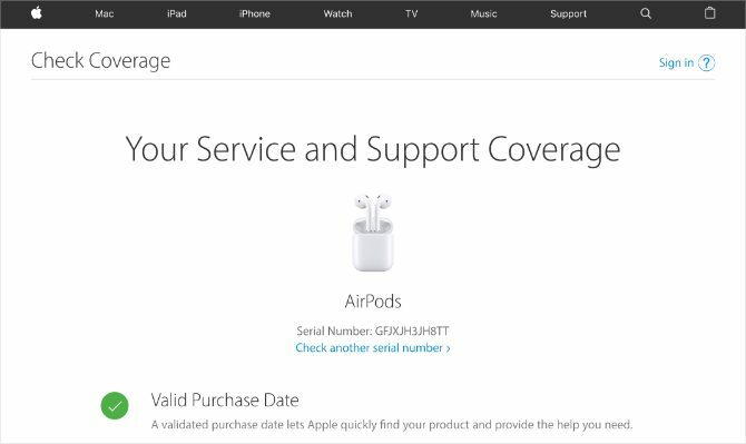 Geçerli AirPods seri numarasını gösteren Apple'ın Kontrol Kapsamı web sitesi