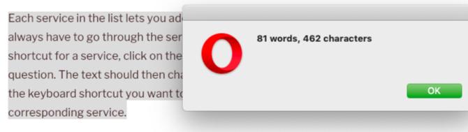 MacOS'ta Opera'da sözcük sayacı hizmetinin çıktısı
