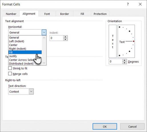 Excel'deki Hücreleri Biçimlendir iletişim kutusunda Yatay altında Doldur'u seçin