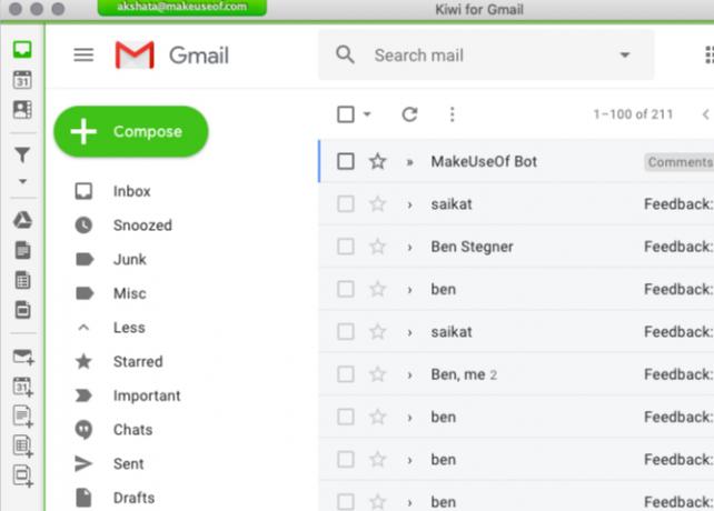 Gmail için Kiwi for Mac'in varsayılan gelen kutusu arayüzü