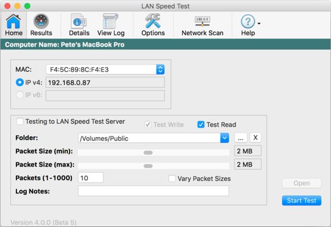 LAN Hız Testi'ndeki giriş sekmesinin ekran görüntüsü