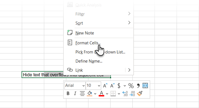 Excel'de taşan metni gizlemek için Hücreleri Biçimlendir'i seçin