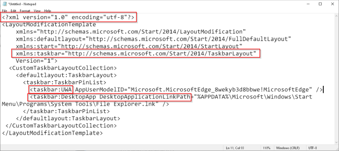 Windows 10'da örnek görev çubuğu düzen kodu