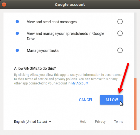 Gnome'un Google Drive'a erişmesine izin ver