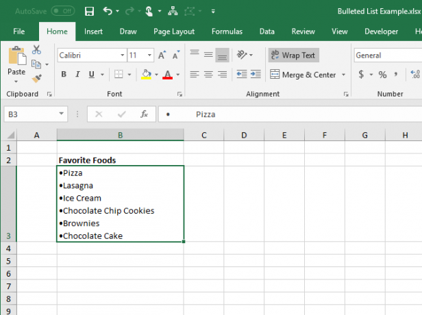 Word'den Excel'deki tek bir hücreye kopyalanan madde işaretli liste