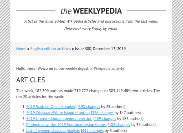 Weeklypedia, geçtiğimiz hafta Wikipedia'da en fazla değişiklik alan makalelerin yanı sıra yeni makaleler ve aktif tartışmalar listeleyen bir haber bülteni özeti