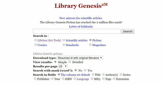 Bu ekran görüntüsü, ücretsiz e-kitap satıcısı Library Genesis'in ana menüsünü gösteriyor