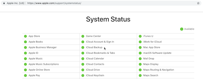 Apple Sistem Durumu web sayfası