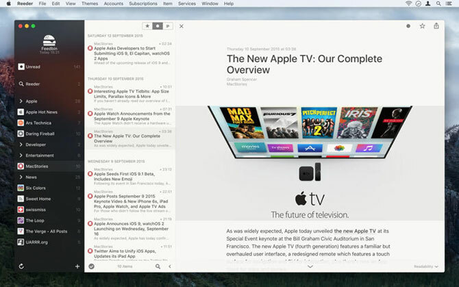 Mac'te Reeder RSS okuyucu arayüzü