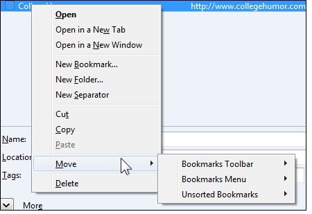 Bookmark Quick Mover: Firefox Bookmark'lara 'Taşı' Seçeneği Ekle Bağlam Menüsü Open1