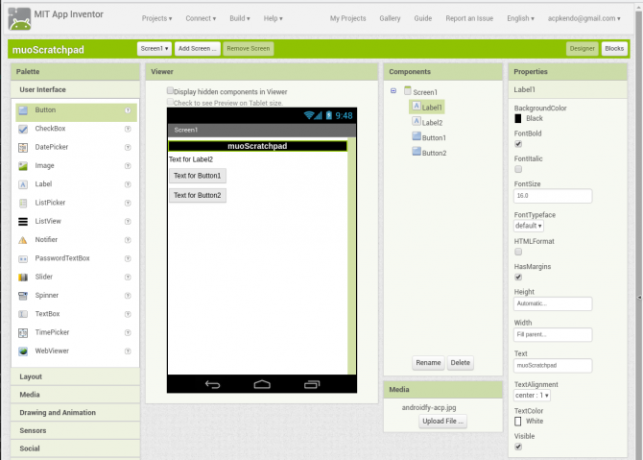 android uygulama oluştur appinventor screen1 labelconfig