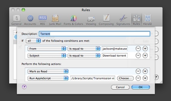 Torrent İndirmeyi E-posta ile Uzaktan Tetikleme [Mac] posta kuralı