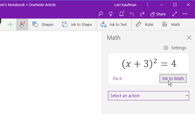 Çizim sekmesinde Matematiğe Mürekkep'i tıklayın