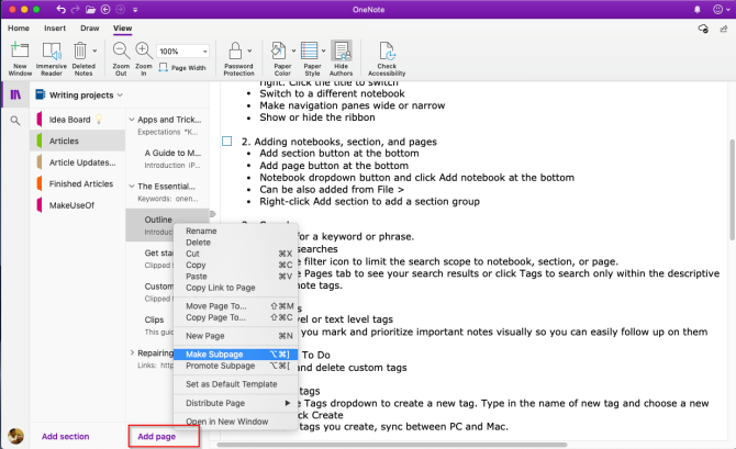 OneNote'ta sayfa ekleme ve alt sayfalar oluşturma