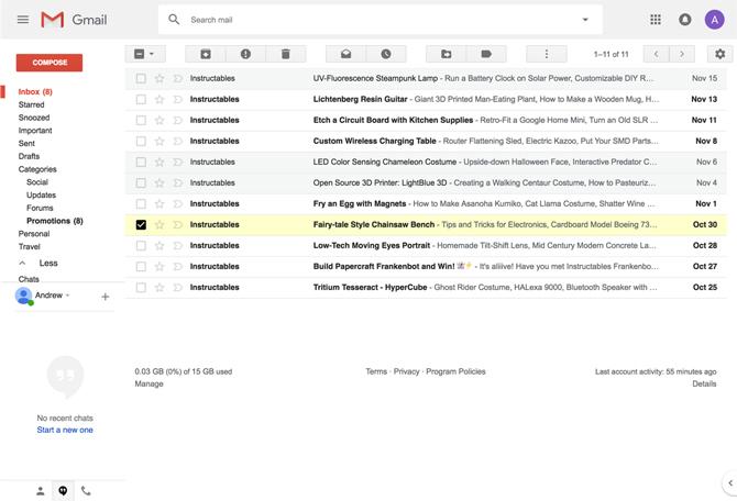 Andrew Powell'ın Klasik Gmail temasının ekran görüntüsü
