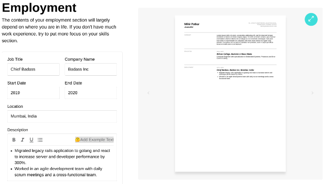 Resume Builder LinkedIn ithalatı ile ücretsiz bir CV uygulaması