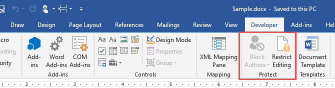 Microsoft Word'deki Geliştirici sekmesindeki Koruma bölümü