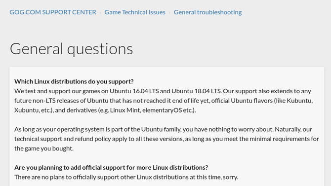 Linux'un desteklenen sürümlerini gösteren GOG.com