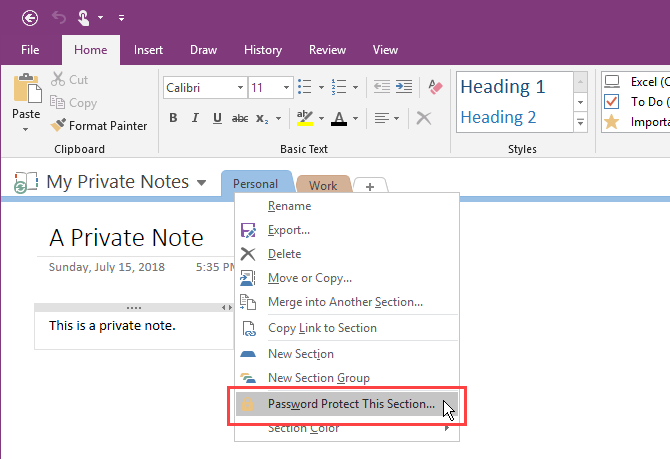 OneNote 2016'da Parola Koruma Bu Bölümü Seç