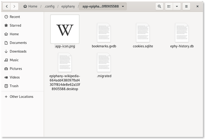 GNOME Web Wikipedia web uygulaması dosyalarını içeren klasör