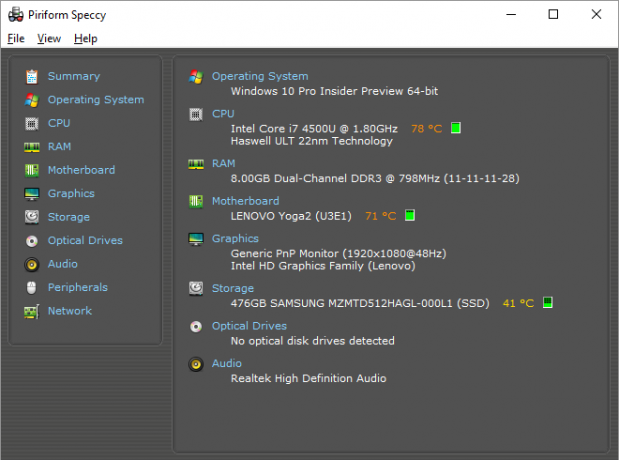 Bu, Windows programlarının en iyilerinden birinin ekran görüntüsüdür. Adı Piriform Speccy