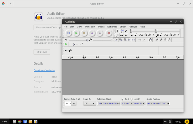 Endless OS masaüstünde VLC ses editörü açık