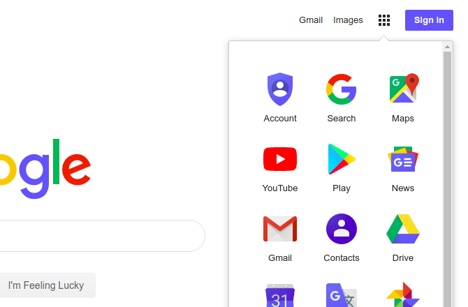 Google ana sayfasındaki Google uygulamalarının ızgara görünümü