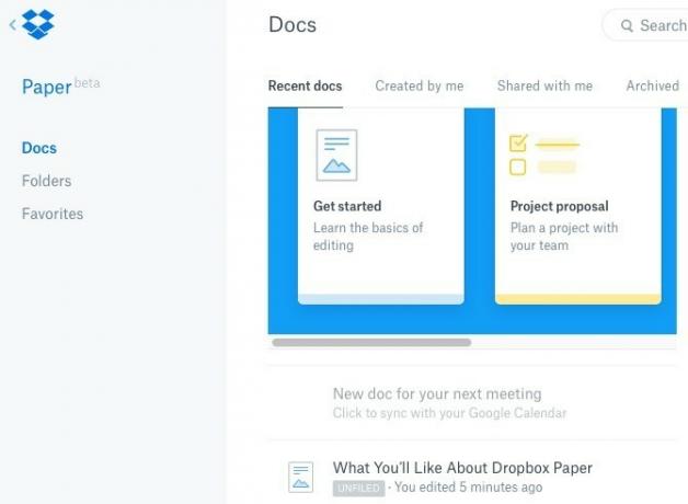 Dropbox Kağıt Dokümanlar Arayüzü