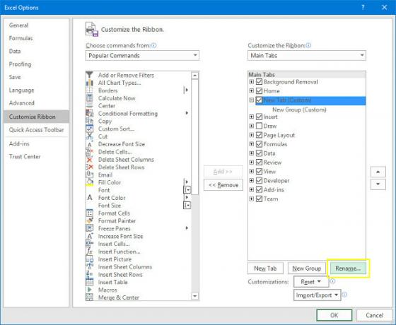 excel şerit sekmesini yeniden adlandır