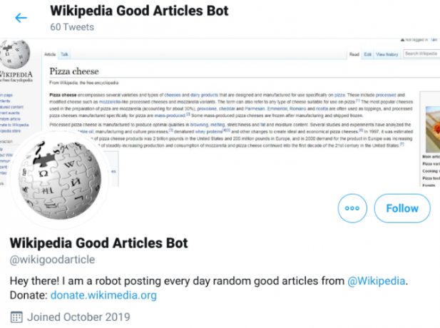 Wiki İyi Makale Bot, Wikipedia'nın iyi makaleler için altı kriterine dayanan rastgele bir bağlantı tweetliyor