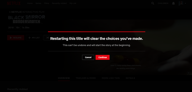 Netflix Siyah Ayna: Bandersnatch yeniden başlatma iletişim kutusu