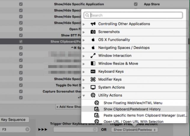 MacOS'ta BetterTouchTool'da önceden ayarlanmış eylemlerin listesi