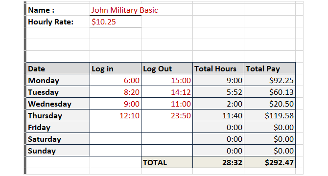 zaman çizelgesi şablonu parça saat askeri zaman hiçbir mola excel