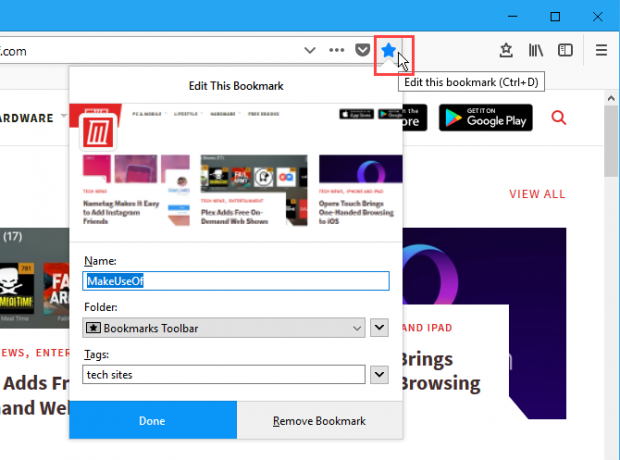 Firefox'ta Bu yer işaretini düzenle (mavi yıldız simgesi) seçeneğini tıklayın