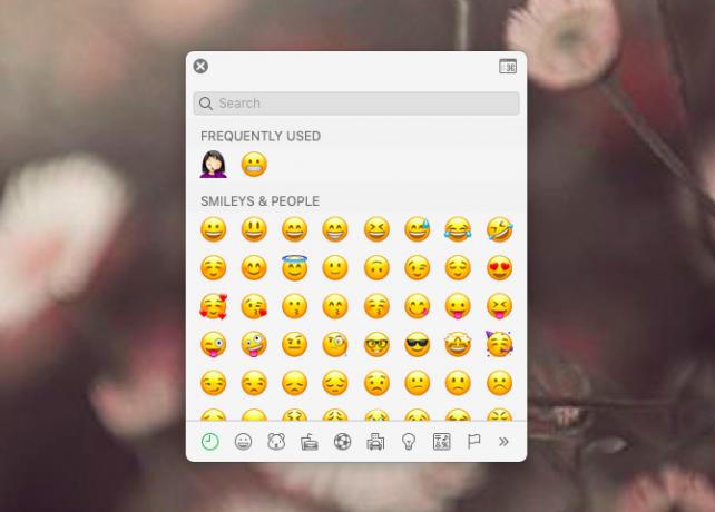 MacOS'ta Emoji görüntüleyici açılır pencere bölmesi