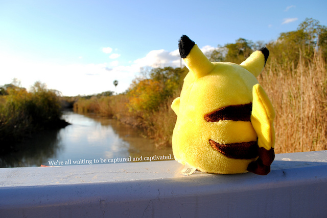 Doğaya bakarak bir demiryolu üzerinde oturan Pikachu