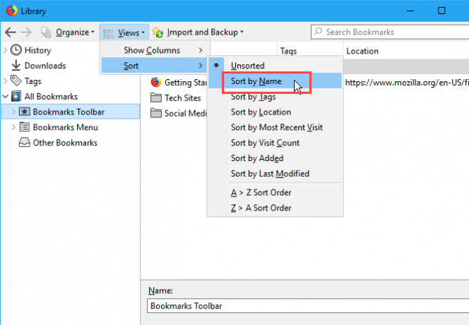 Yer işaretlerini Firefox'taki Kütüphane iletişim kutusunda ada göre sıralayın