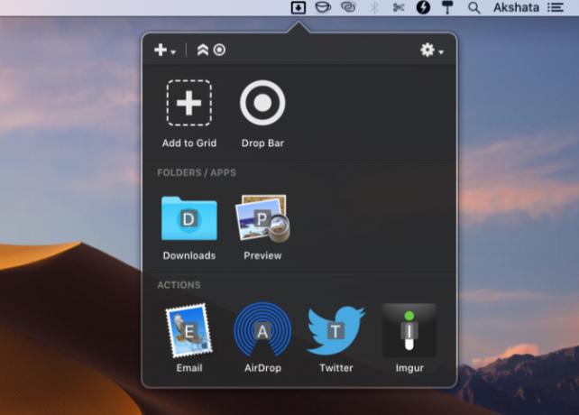 MacOS'ta Dropzone menü çubuğu paneli önizlemesi