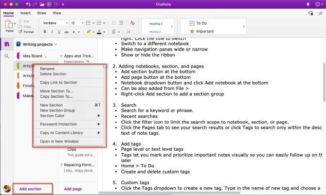 OneNote Mac'e bölüm ekle