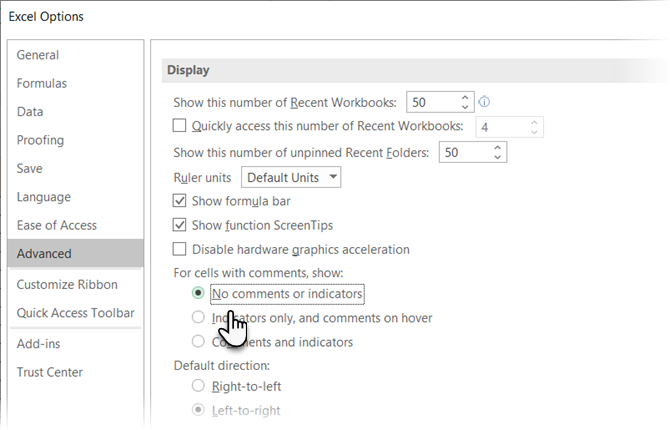 Excel'de yorumları ve göstergeleri gizleme